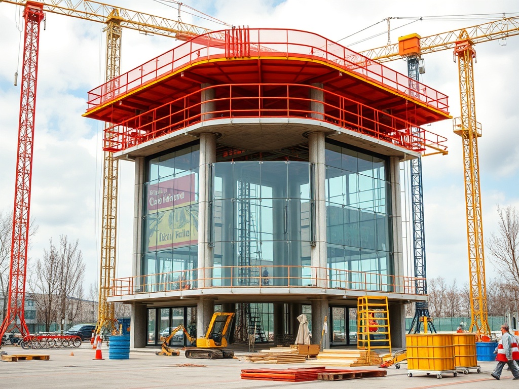 Современное здание в процессе строительства с кранами и строительными материалами. Ясная погода.