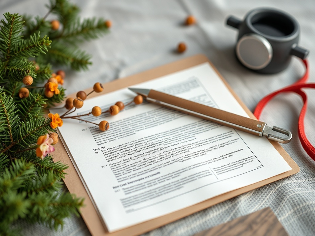 На столе лежат документы, ручка и чашка, рядом с ветками зелени и элементами декора.