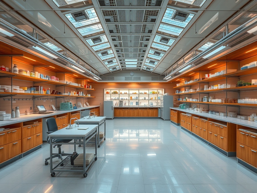Современная лаборатория с ярким освещением и полками, заполненными предметами для исследований.