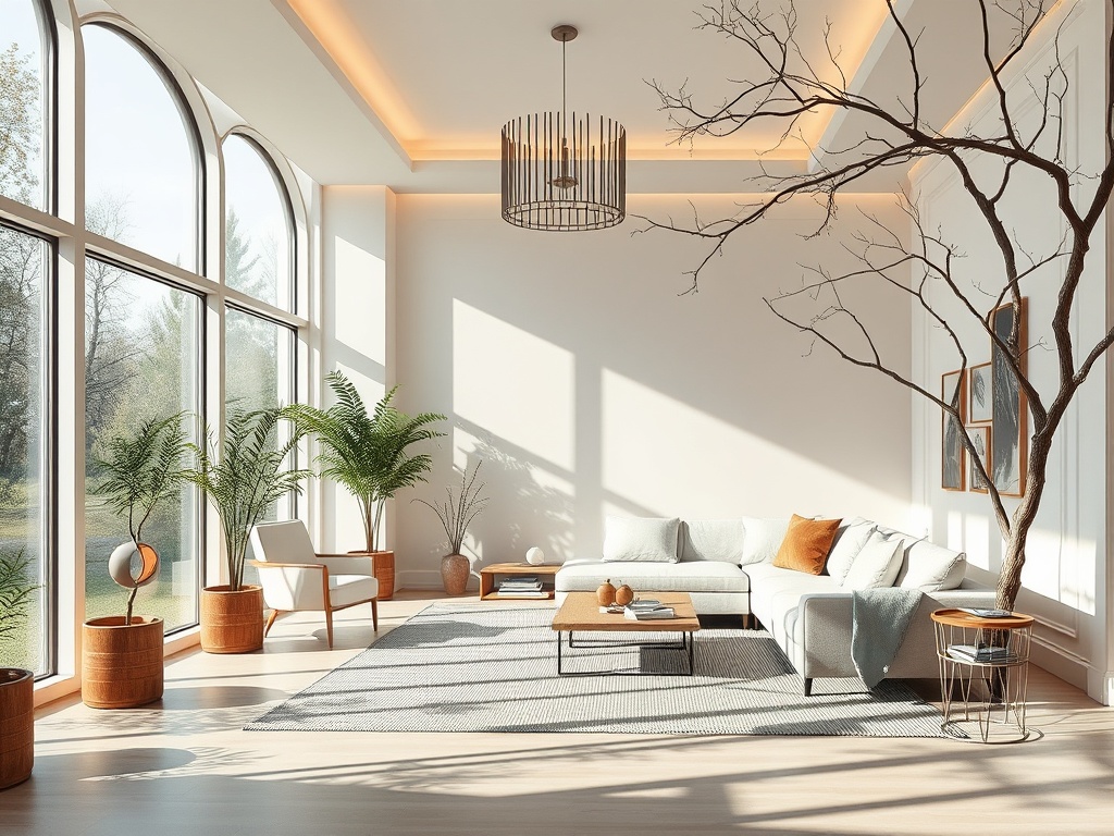 Солнечная гостиная с диваном, растениями и большими окнами. Уютная обстановка и светлые оттенки.