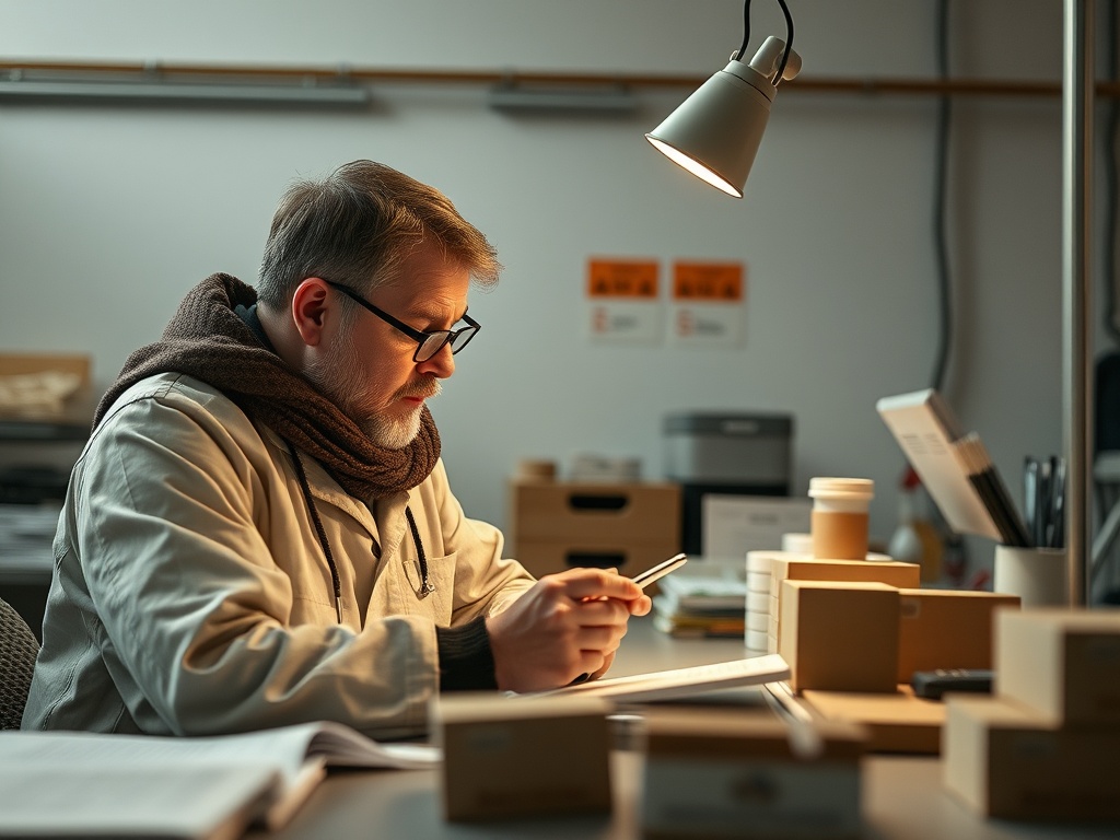 Человек в очках и шарфе работает за столом, освещенным настольной лампой, внимательно изучая бумаги.