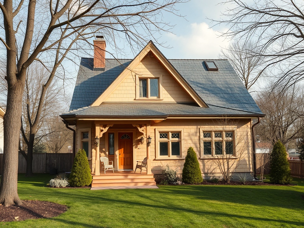 Дом в классическом стиле с террасой и садом, окруженный зелеными насаждениями. Холодный день, голубое небо.