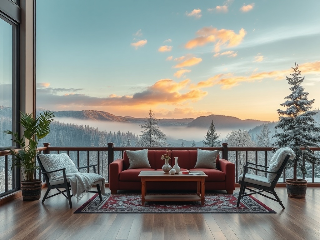 Современный интерьер с красным диваном, уютными креслами и видом на зимний пейзаж с горами и деревьями.