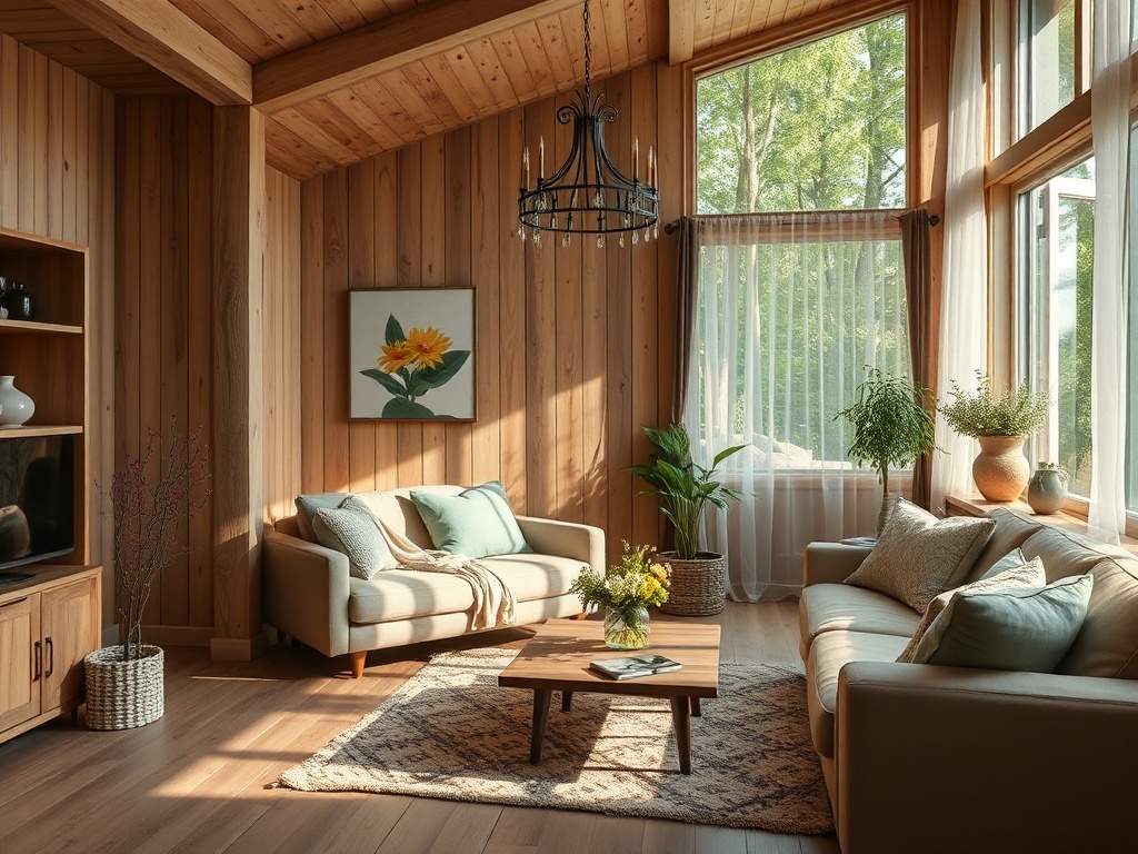 Светлая гостиная с деревянными стенами, уютной мебелью и зелеными растениями на фоне больших окон.