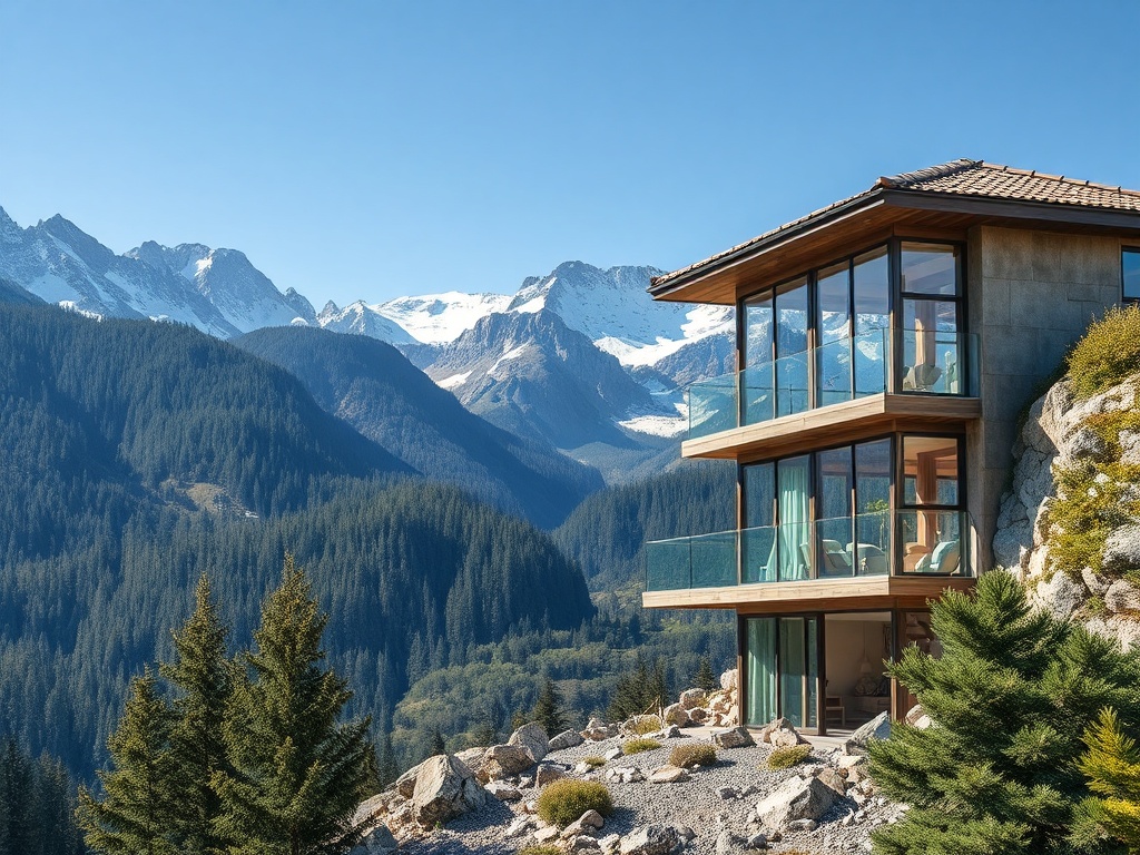 Современный дом на скале с панорамным видом на горы и лес, окружённый зеленью и камнями.
