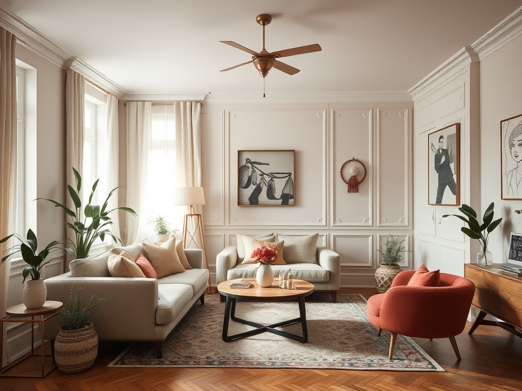 Современный уютный гостиная с мягкой мебелью, зелеными растениями и художественными произведениями на стенах.