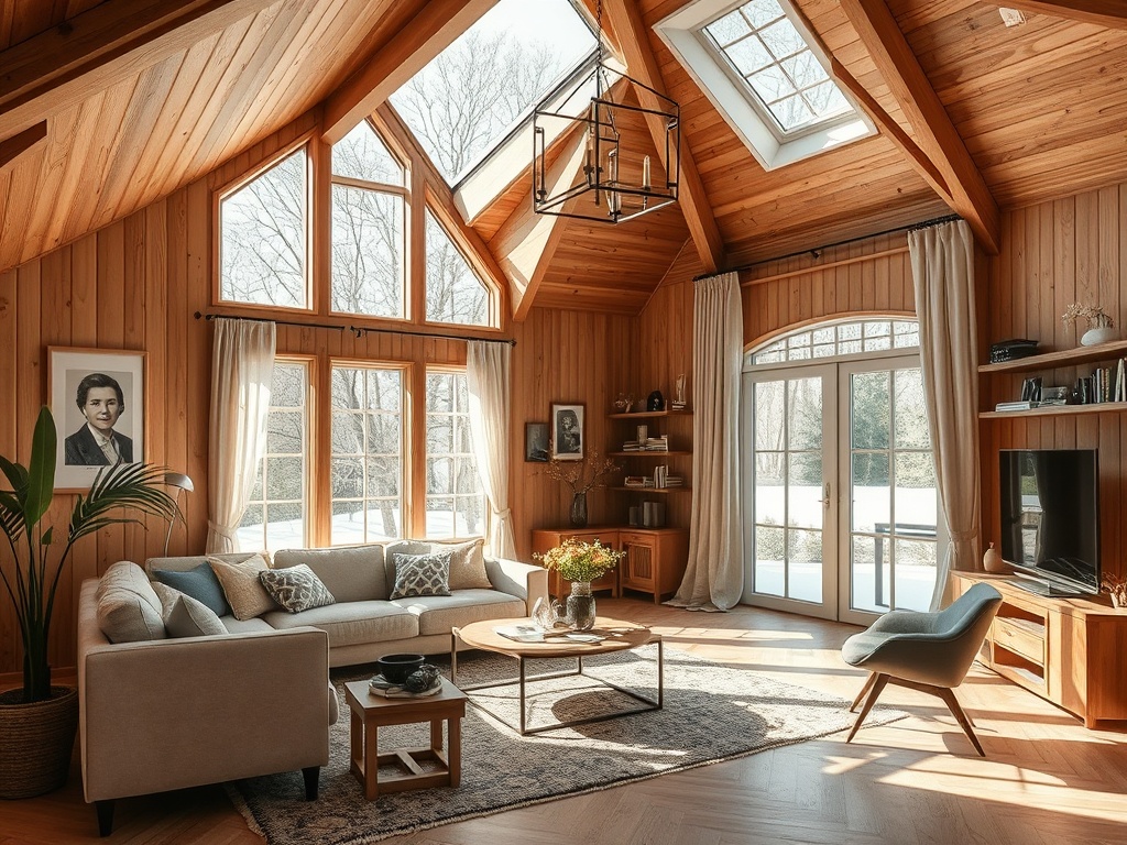 Светлая комната с деревянными стенами, большим окном и уютной мебелью. Уютная атмосфера для отдыха.