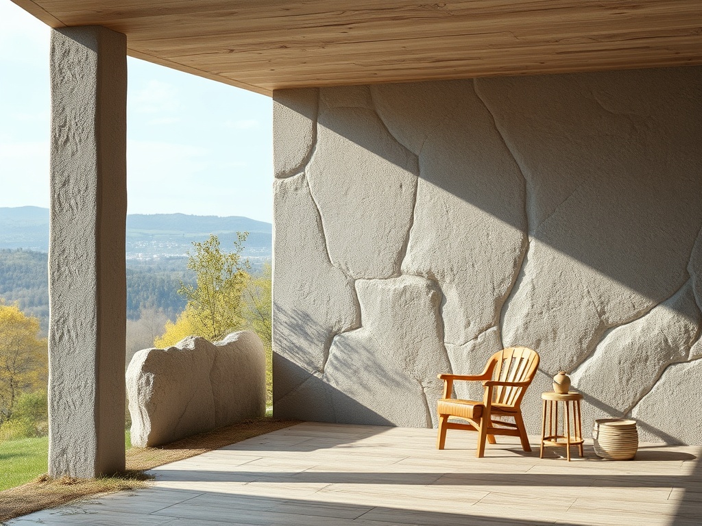Современное пространство с деревянным креслом, столиком и каменной стеной на фоне природы.