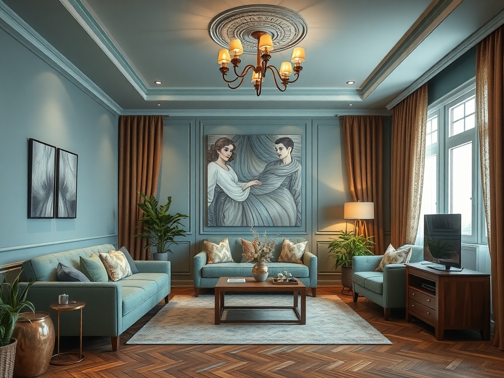 Современный салон с голубыми стенами, кукурузным потолком, уютной мебелью и картины на стене.