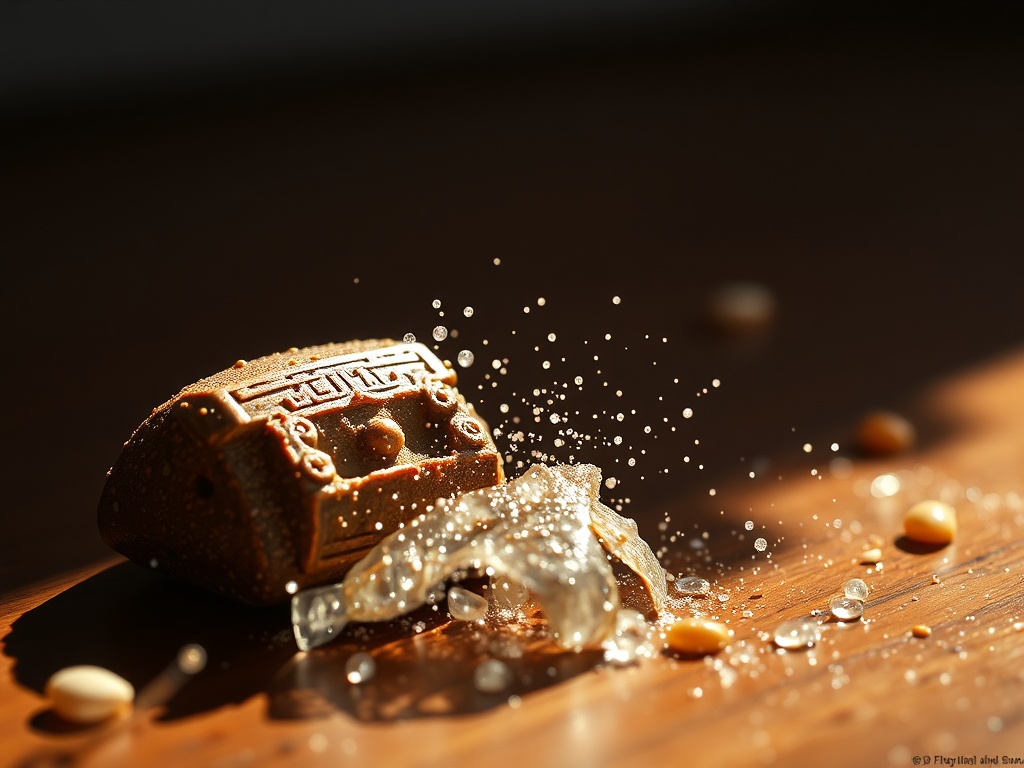 На деревянной поверхности стоит продукт, покрытый блестками и каплями воды. Вокруг лежат орехи.
