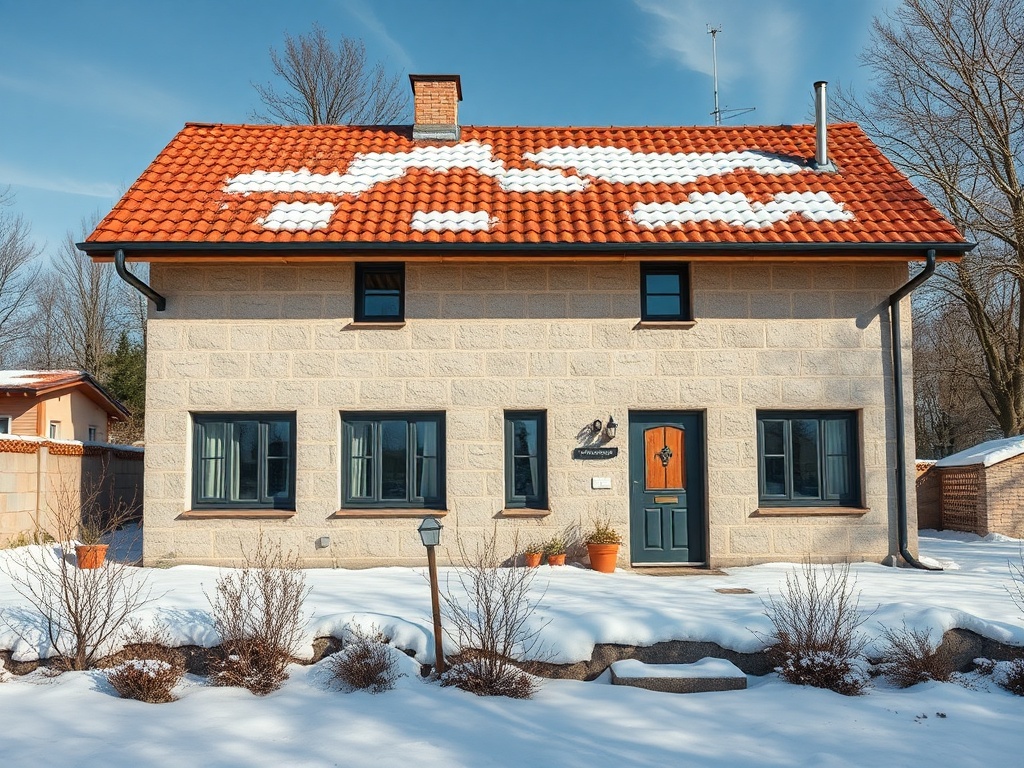 Солнечный зимний день, красивый дом с красной крышей, окружённый снегом и деревьями.