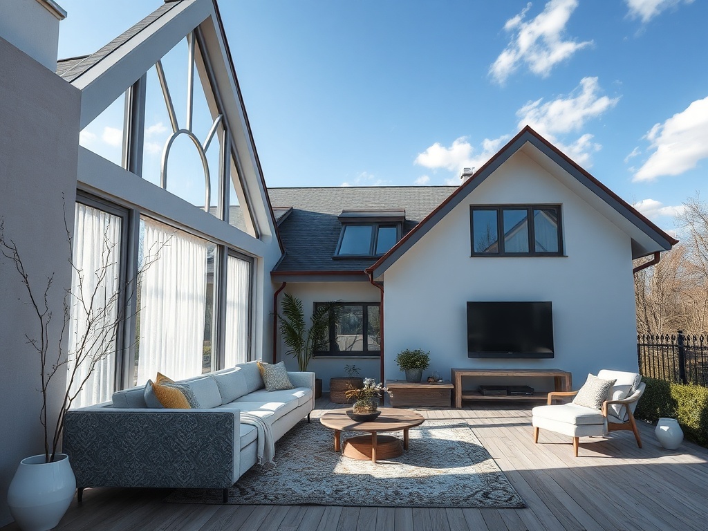 Современный дом с уютной верандой, диваном и телевизором на фоне голубого неба и зелени.