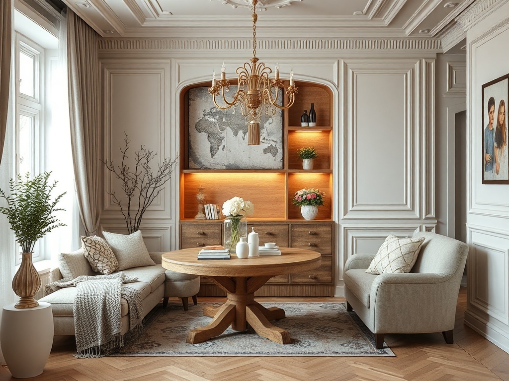 Современный светлый интерьер с деревянным столом, уютным диваном и стильным освещением.