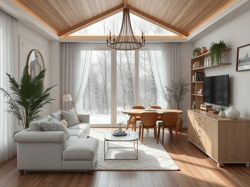 Современная гостиная с большими окнами, деревянным потолком и уютной мебелью, с выходом на зимний пейзаж.