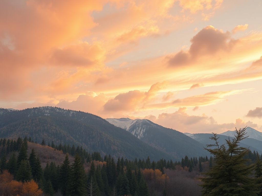 Закат над горами с облаками в розовых и оранжевых тонах, окружённый зелеными лесами и снежными вершинами.