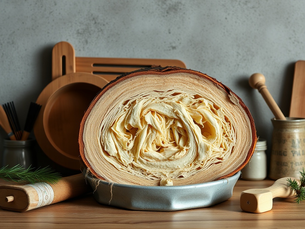 На изображении надрез бревна, из которого видно волокнистую текстуру внутри, рядом с кухонными принадлежностями.