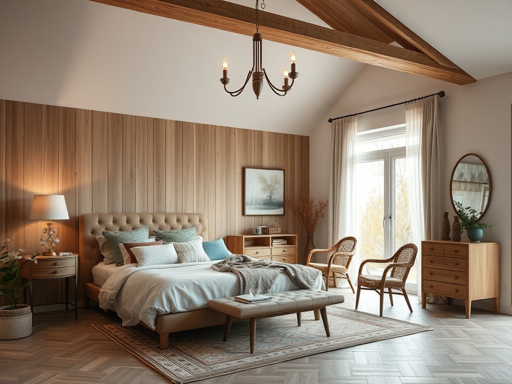 Современная спальня с деревянными стенами, уютной кроватью и большим окном, наполненная светом и теплом.