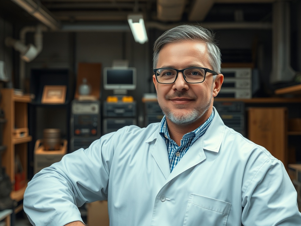 Ученый в лабораторном халате с улыбкой на фоне научных приборов и оборудования.