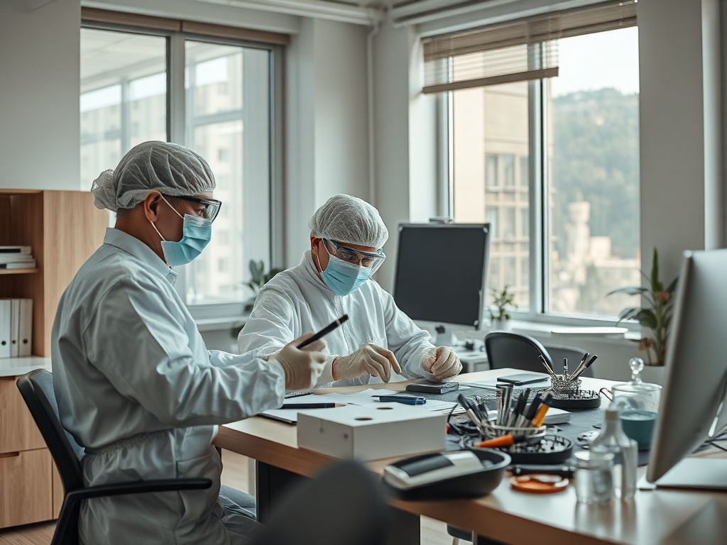 Два врача в защитной одежде работают за столом, анализируя образцы в научной лаборатории.