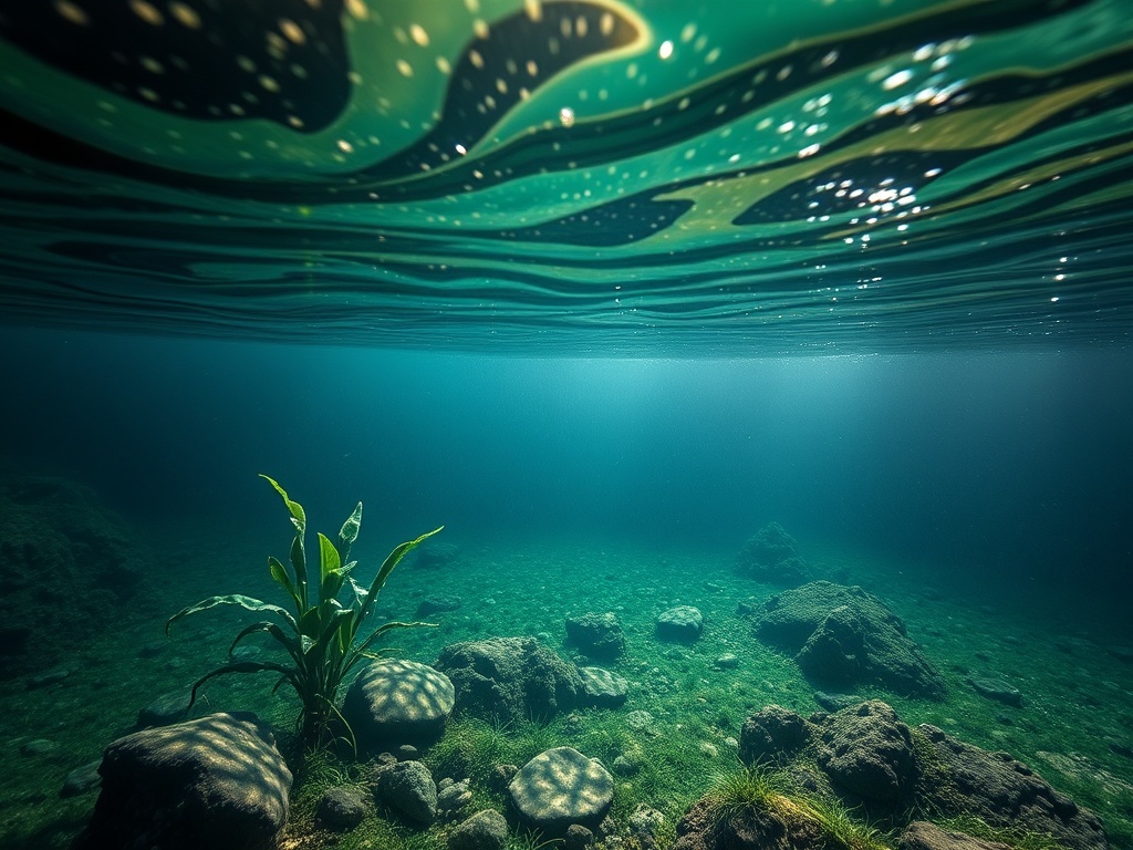 Подводный пейзаж с водорослями и камнями, свет проникает сквозь поверхность воды.