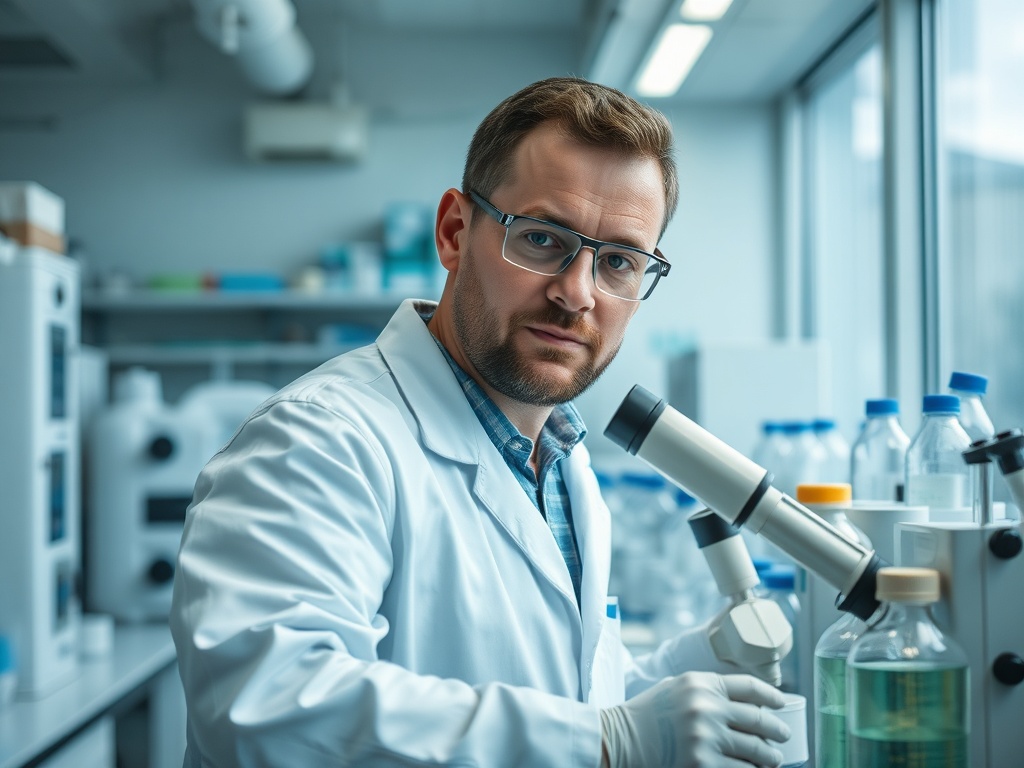 Мужчина в лаборатории с микроскопом, одет в белый халат и перчатки, смотрит в камеру.
