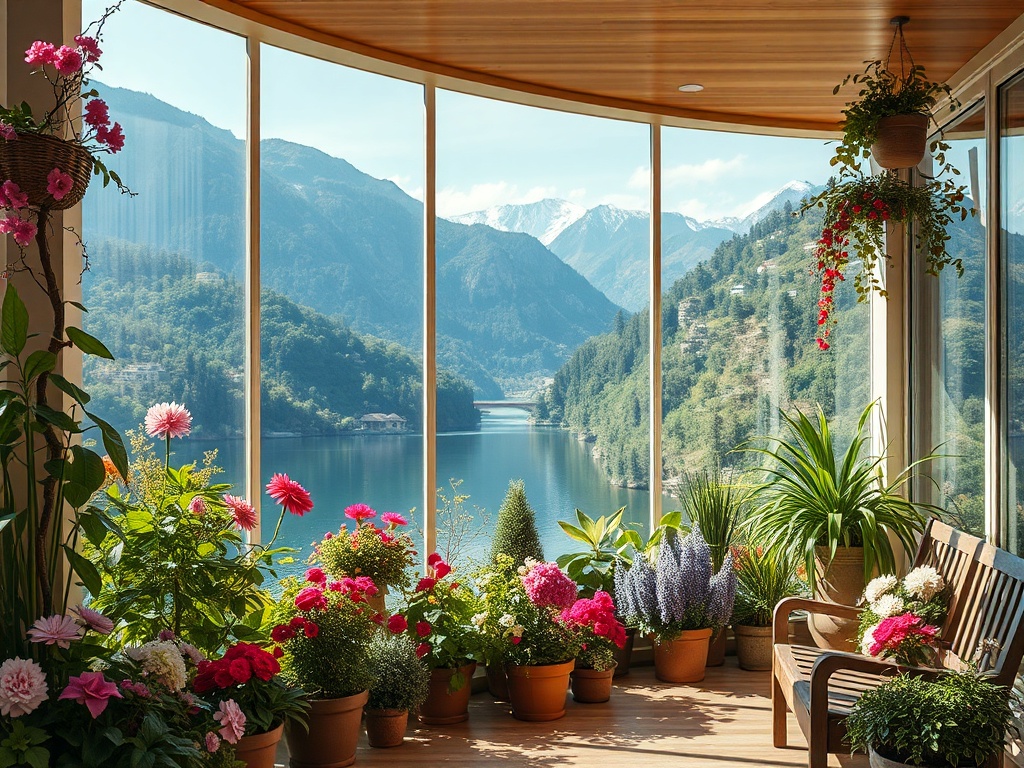 Уютная веранда с цветами и красивым видом на озеро и горы. Светлое пространство, наполненное живой природой.