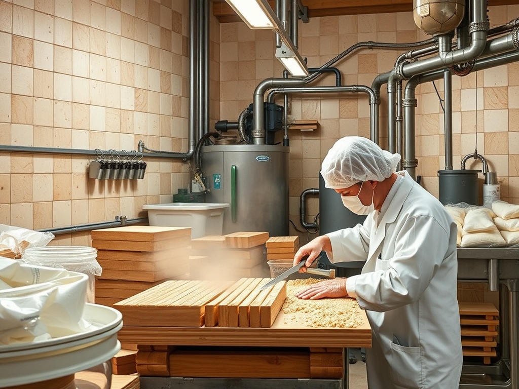 Рабочий в белом халате и шапке нарезает тесто на деревянной столешнице в производственном помещении.