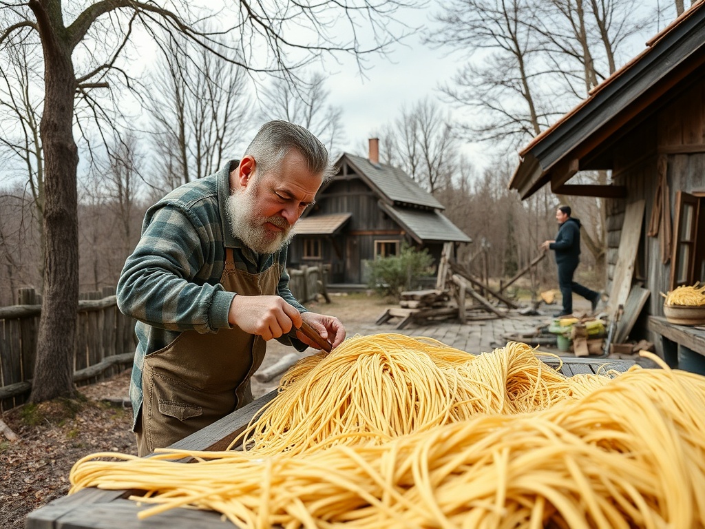 Пожилой человек готовит пасту на деревянном столе, а сзади виден еще один человек и деревенский дом.