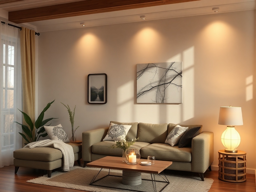 Современная гостиная с уютным диваном, живыми растениями и стильными светильниками в мягком освещении.