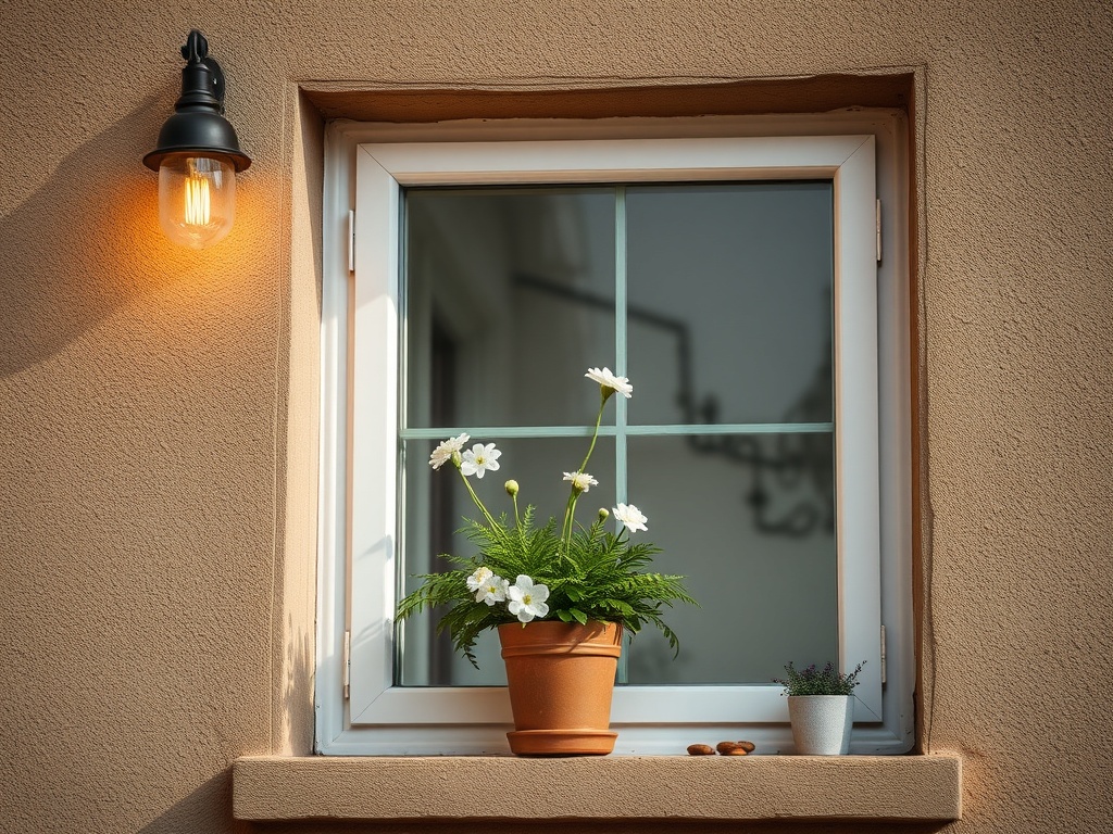 Окно с цветами в горшке и настенным светильником, создающим уютную атмосферу.