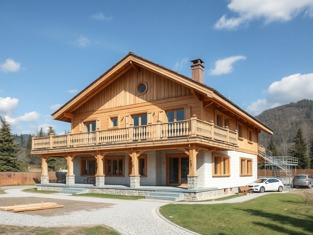 Деревянный дом с балконом и террасой, расположенный на зелёном участке в живописной местности.