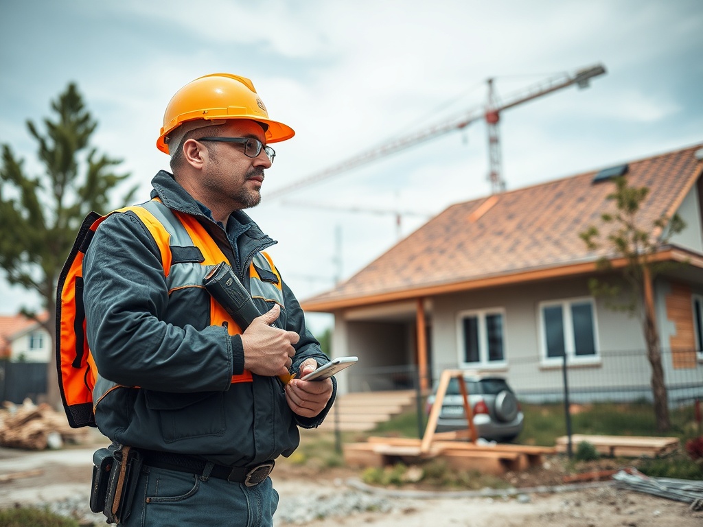 Строитель в каске и жилете на стройплощадке с телефоном, фоном служат дом и строительные краны.