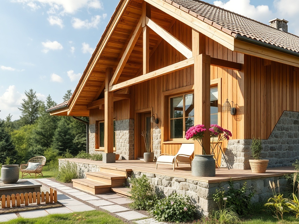 Современный дом из дерева и камня с уютной верандой и цветами на фоне зелёного сада и голубого неба.