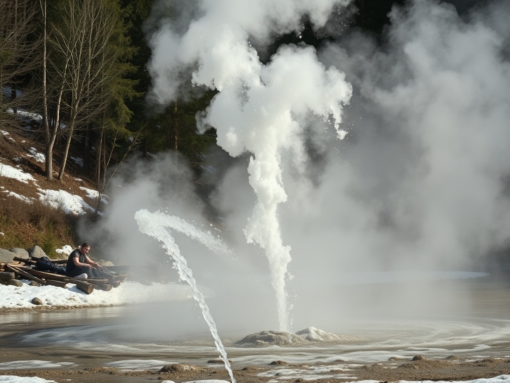 Гейзер выбрасывает пар и воду, а человек наблюдает за природным явлением в заснеженном пейзаже.